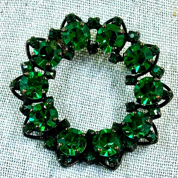 Vintage JOSEPH WARNER Green Rhinestone Brooch - Picture 1 of 6